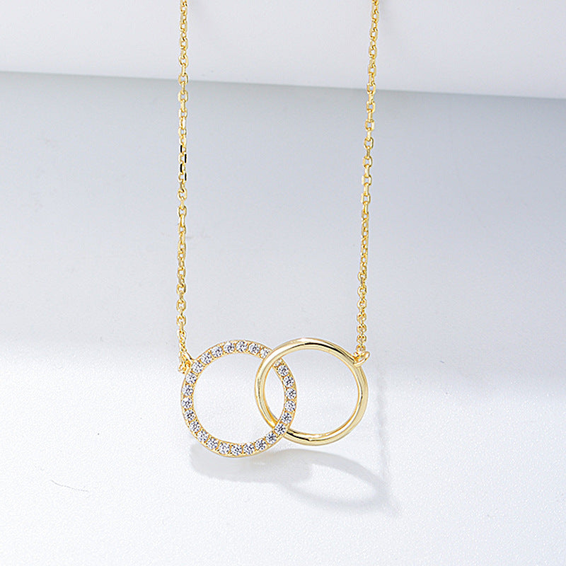S925 Sterling Silver Simple Fashion Personality Diamond Double Circle Double Ring Necklace