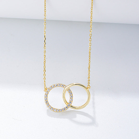 S925 Sterling Silver Simple Fashion Personality Diamond Double Circle Double Ring Necklace