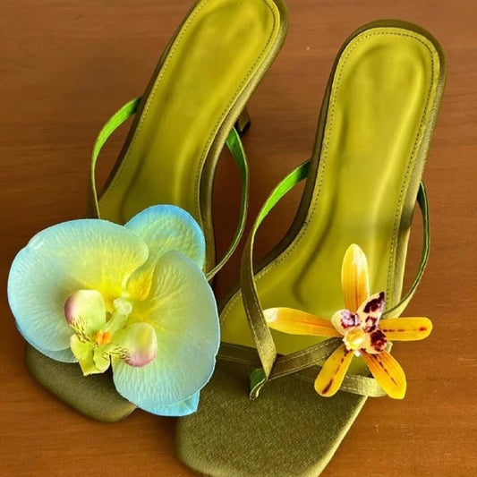 Handmade Asymmetric Flower Sandals For Women High Heel Semi-slipper