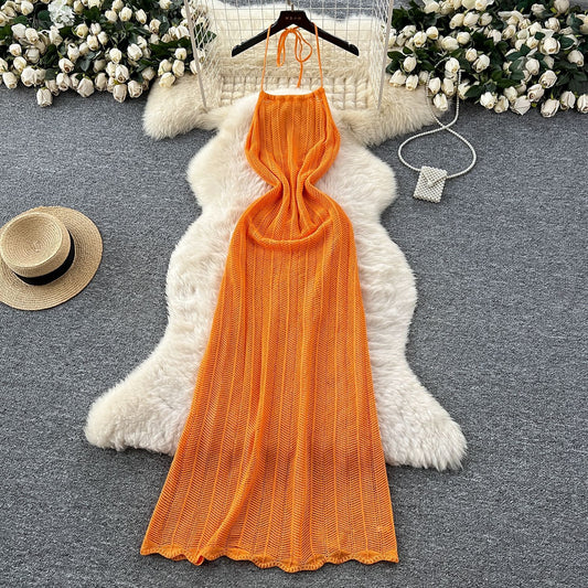 Halter Spaghetti Straps Waist-tight Vacation Style Dress Women