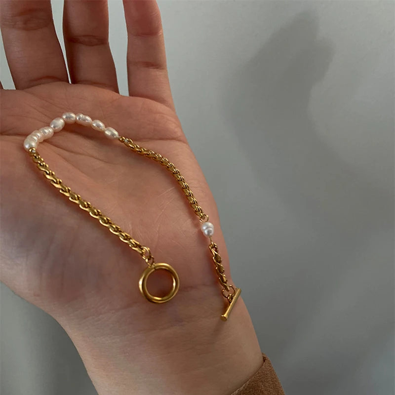 Stainless Steel Personality Design Baroque Pearl Beaded Bracelet for Women Luxury Gold Color Twist Chain Jewelry Gift Colorfast