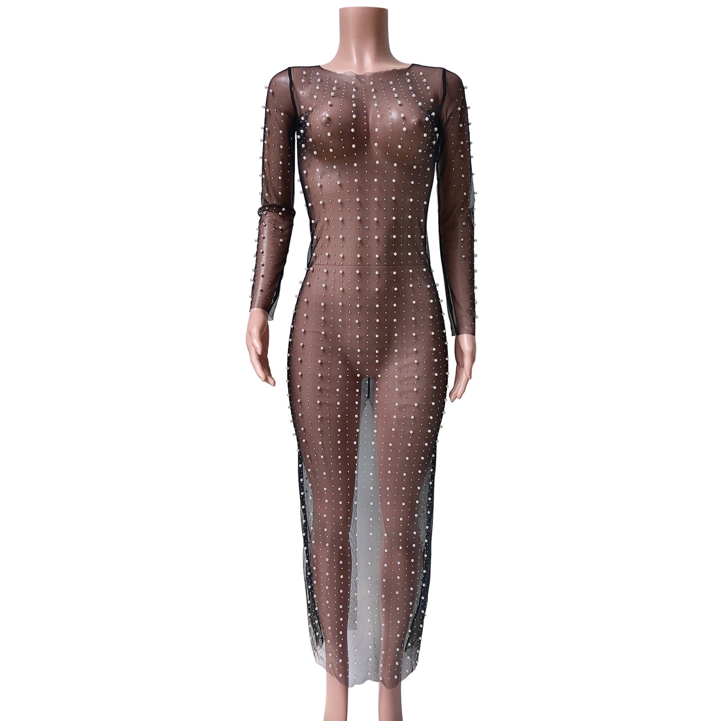 Fashion Bead Rhinestone Blouse Mesh Long Sleeve Dress