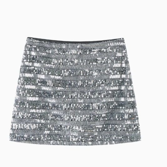 American Design Temperament Hot Girl High Waist Silver Paillette A- Line Skirt