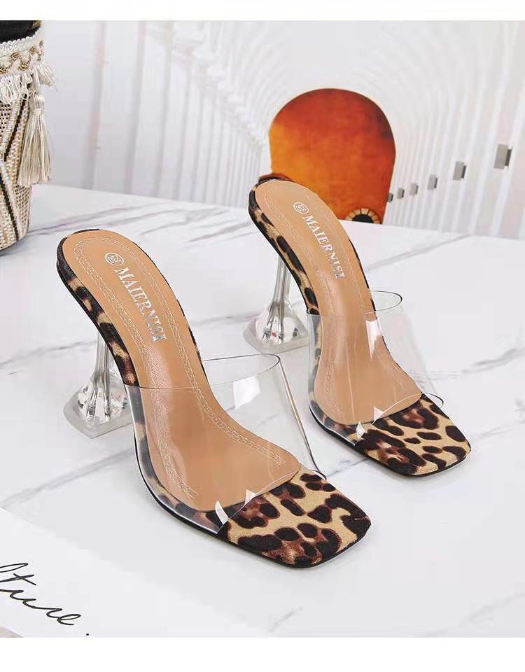 Summer New European And American Stiletto Heel Fashion Sandals Women's Transparent Leopard Print High Heels